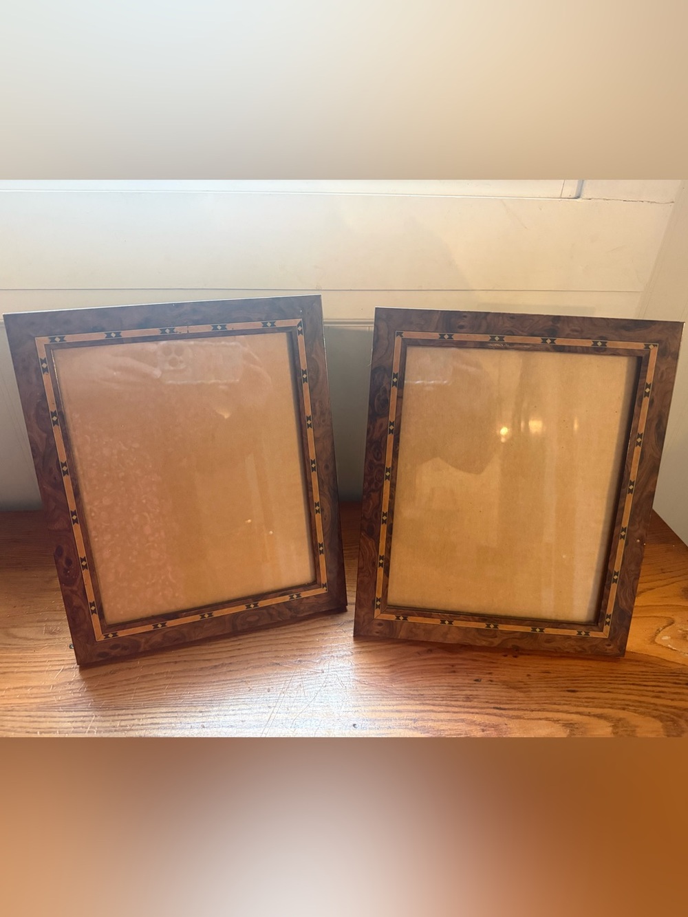 Pair of Vintage Marquetry Inlaid Burr Wood 8x10 Picture Frames